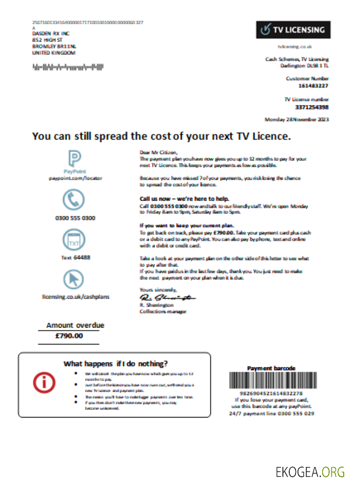 Facture commerciale de services publics de licences TV, SCR